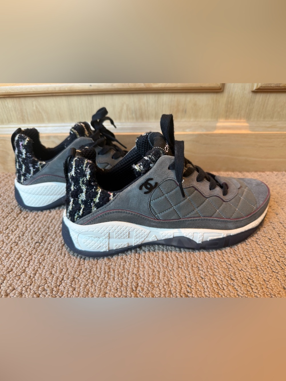 CHANEL Grey and Black Quilted Suede Women’s Sneakers